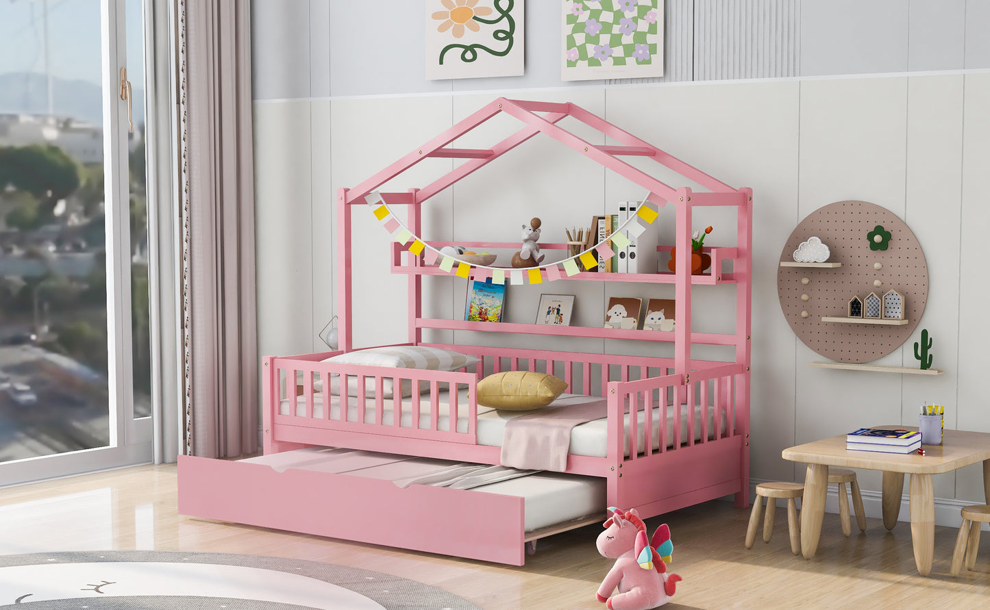 Holz-Hausbett in Doppelbettgröße mit Ausziehbett, Kinderbett mit Regal, Rosa