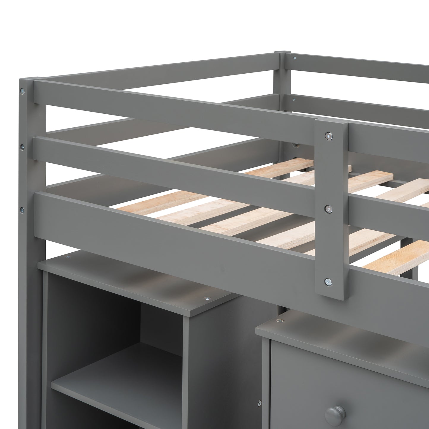 Niedriges Arbeitszimmer-Hochbett für zwei Personen mit Schrank und rollbarem tragbarem Schreibtisch – Grau (ALTE SKU: LP000113AAE)