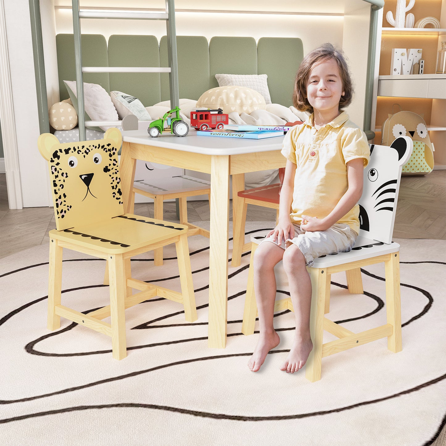 5-teiliges Kindertisch- und Stuhlset, Holztisch für Kinder mit 4 Stühlen, Cartoon-Tiere (größerer Tisch) (3–8 Jahre)