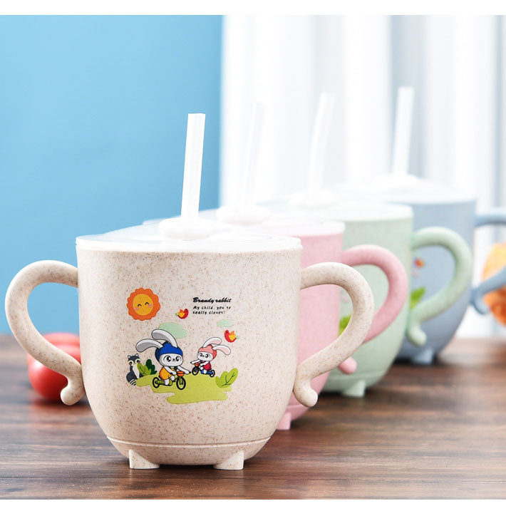 Weizenstroh Kinderstroh Wasserbecher Kinder sturzsicherer Strohbecher Milch Baby Cartoon süßer Kindergarten mit Deckel