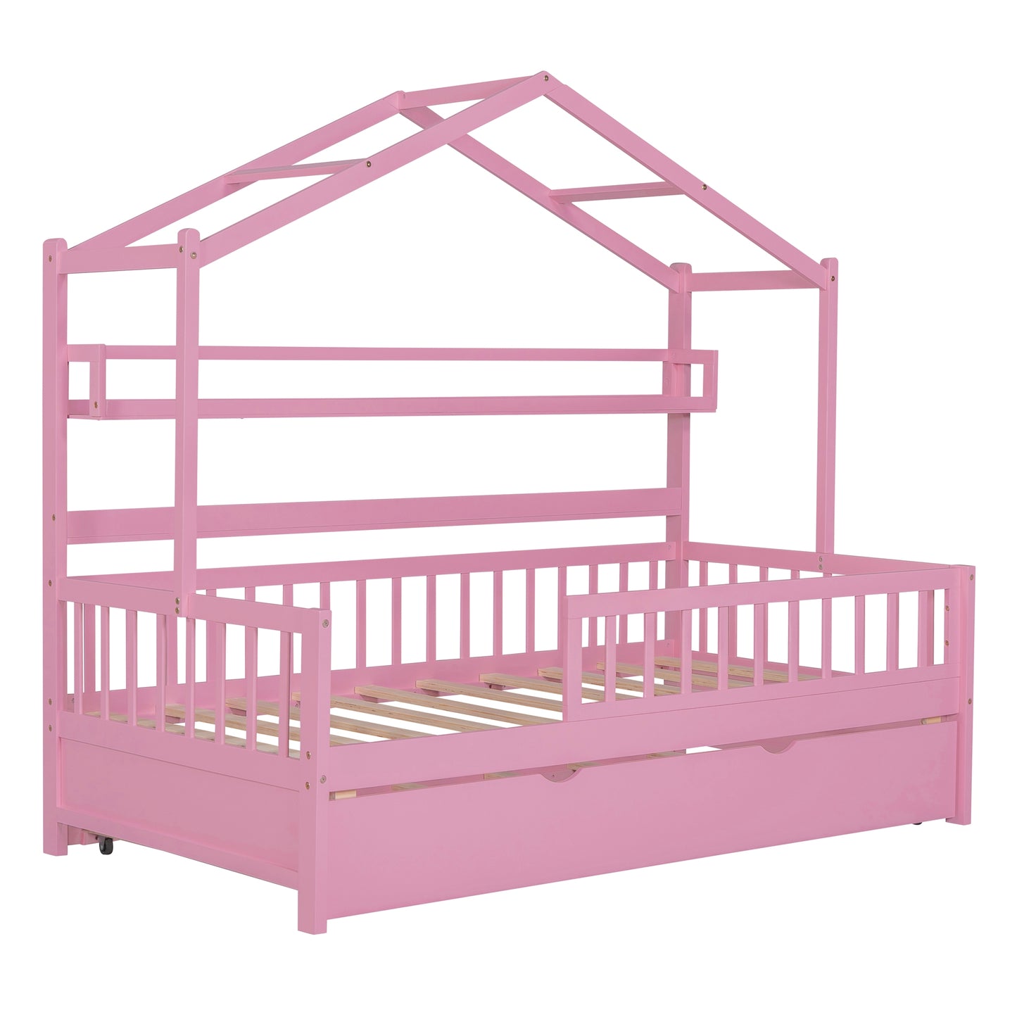 Holz-Hausbett in Doppelbettgröße mit Ausziehbett, Kinderbett mit Regal, Rosa