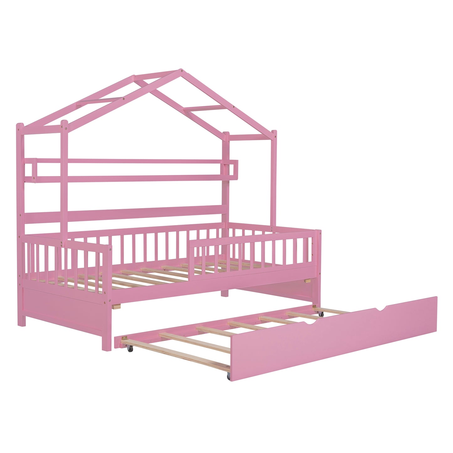 Holz-Hausbett in Doppelbettgröße mit Ausziehbett, Kinderbett mit Regal, Rosa