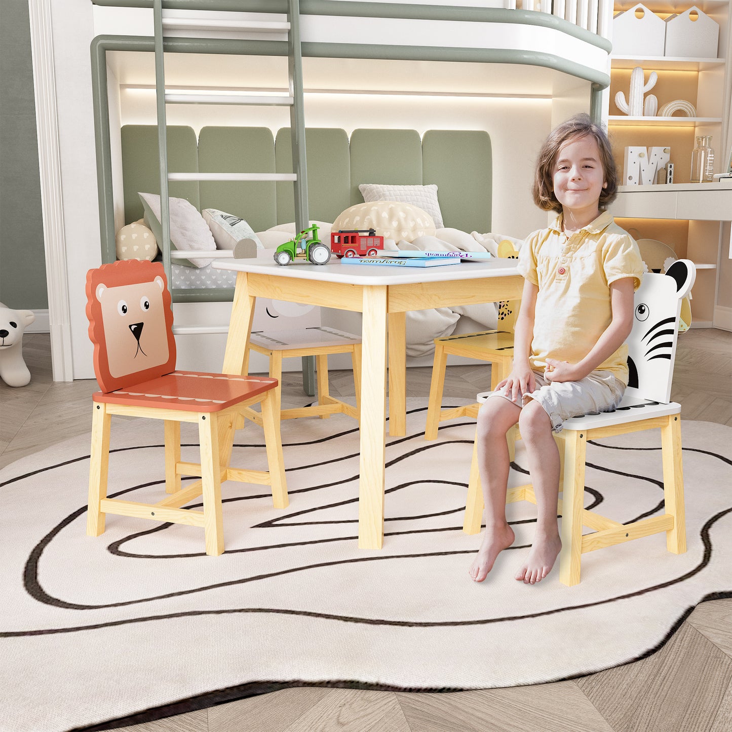 5-teiliges Kindertisch- und Stuhlset, Holztisch für Kinder mit 4 Stühlen, Cartoon-Tiere (größerer Tisch) (3–8 Jahre)