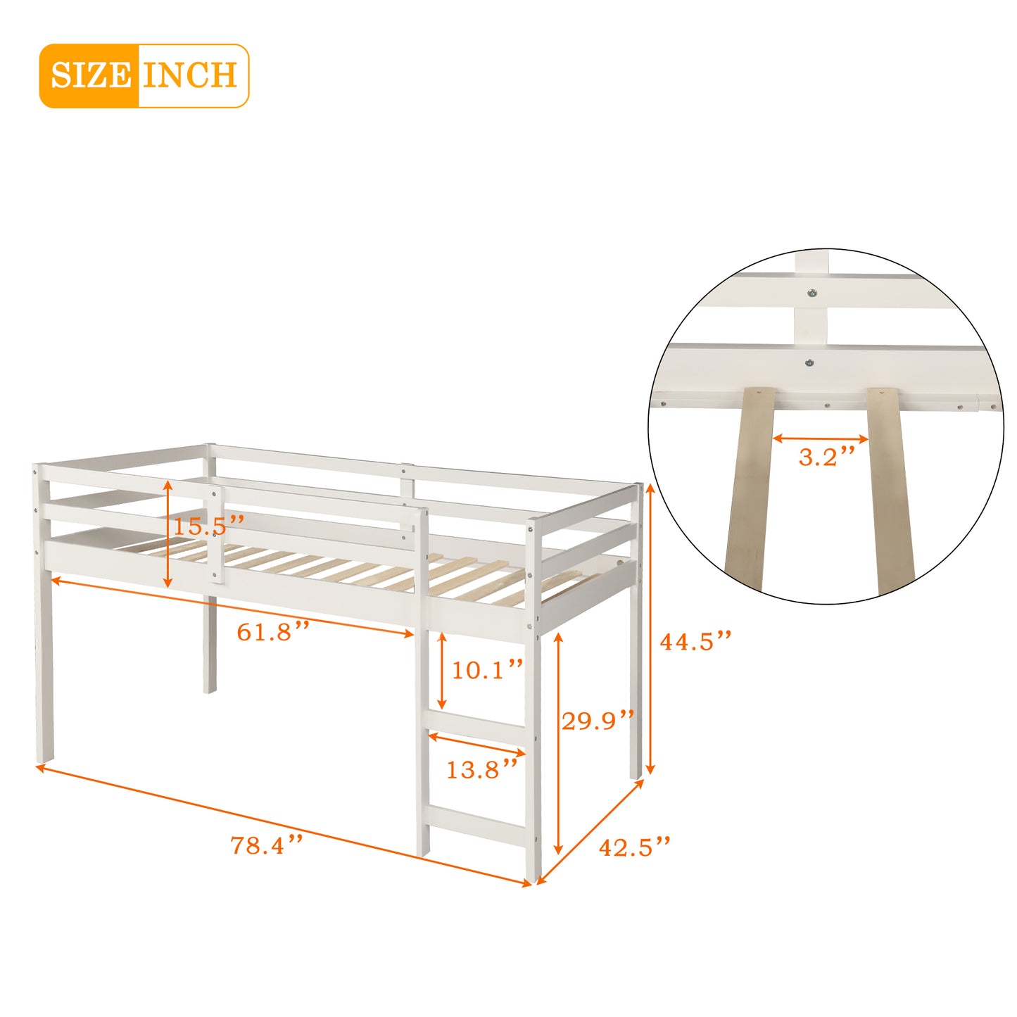 Niedriges Arbeitszimmer-Hochbett für zwei Personen mit Schrank und rollbarem tragbarem Schreibtisch – Weiß (ALTE Artikelnummer: LP000113AAK)