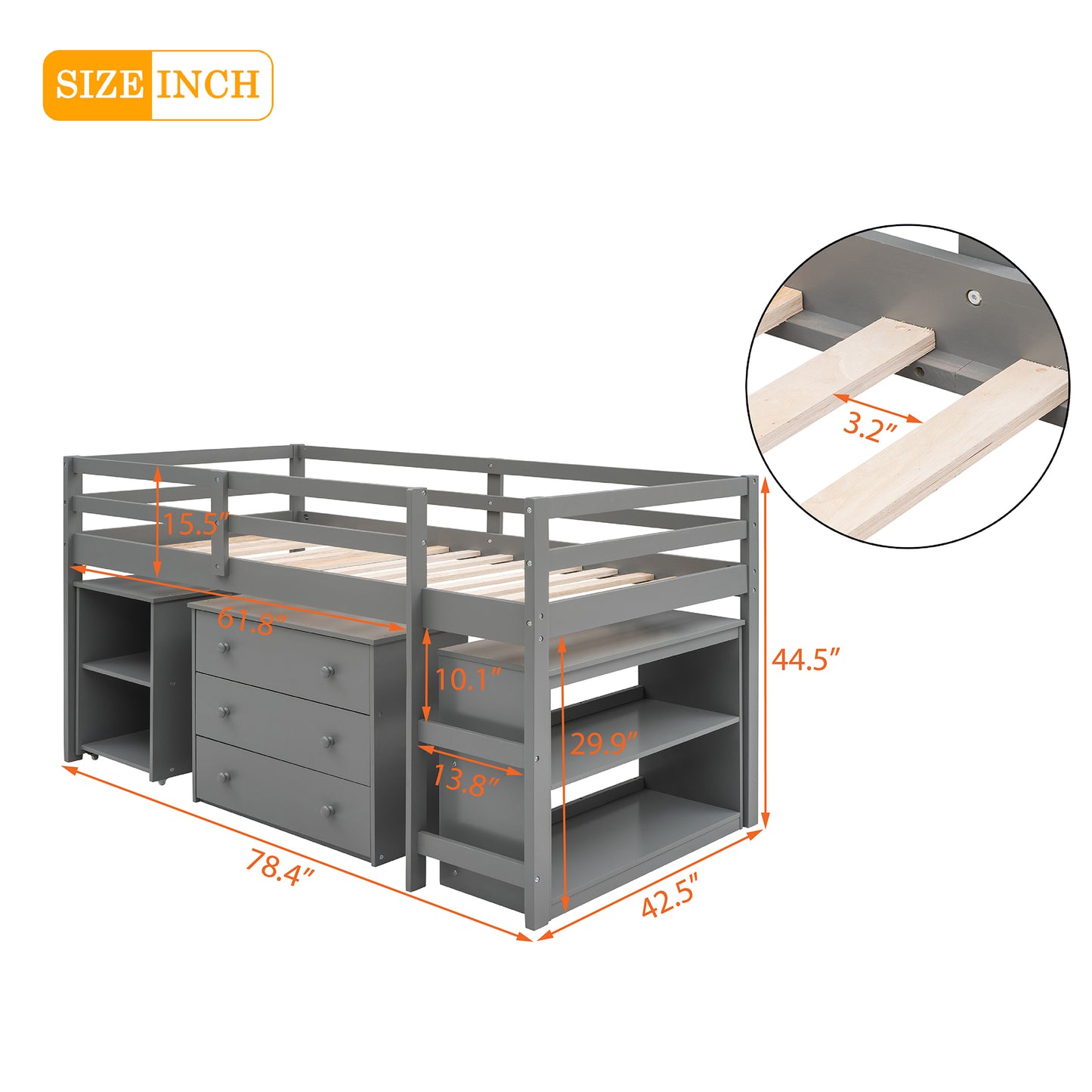 Niedriges Arbeitszimmer-Hochbett für zwei Personen mit Schrank und rollbarem tragbarem Schreibtisch – Grau (ALTE SKU: LP000113AAE)