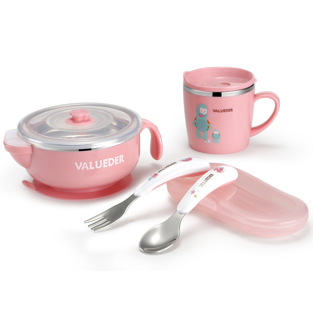 VALUEDER Baby Edelstahl-Fütterungsset mit Baby-Essschüssel, Babylöffel und Babytasse als Geschenkbox