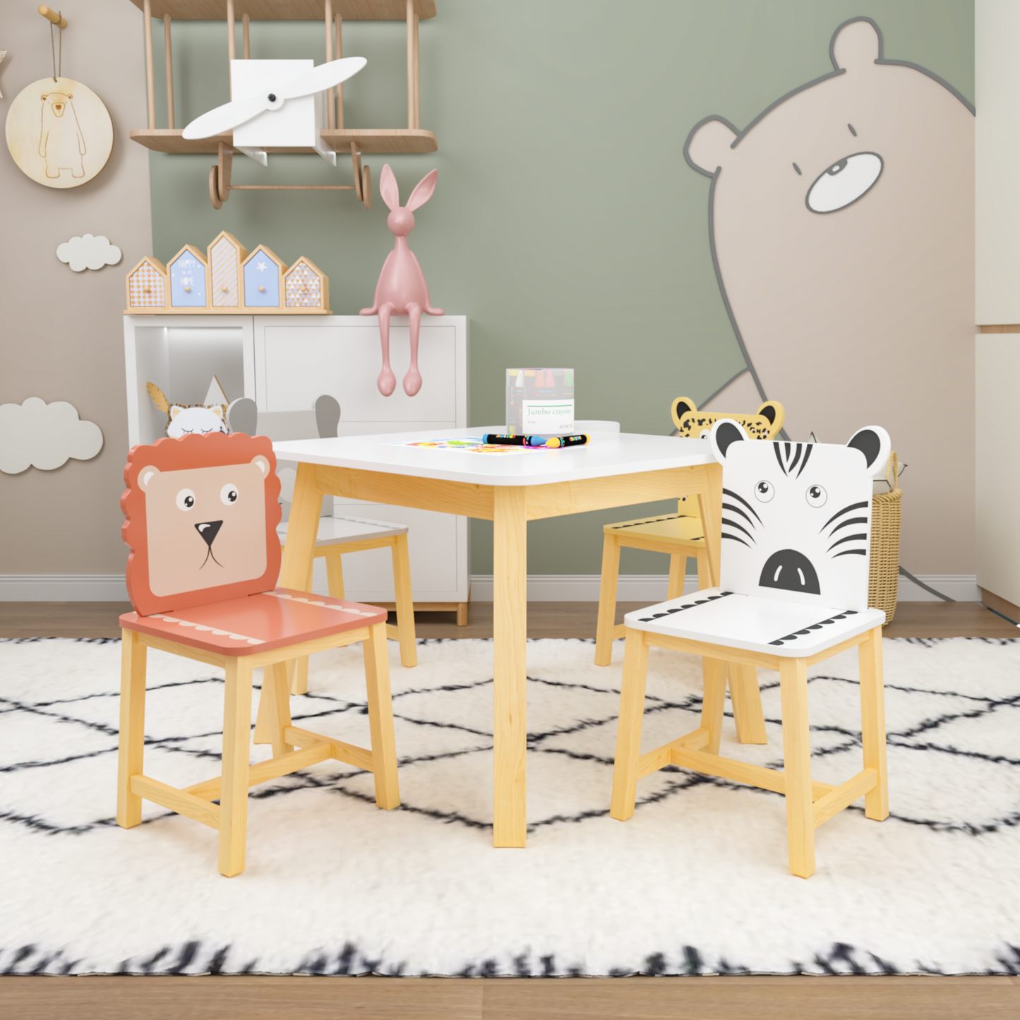 5-teiliges Kindertisch- und Stuhlset, Holztisch für Kinder mit 4 Stühlen, Cartoon-Tiere (größerer Tisch) (3–8 Jahre)