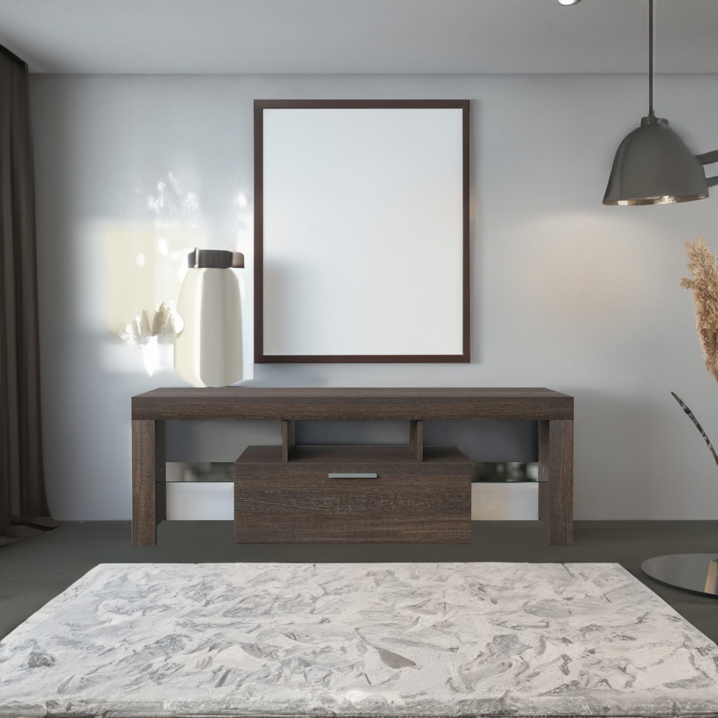 20 Minuten schnelle Montage Brauner einfacher moderner TV-Ständer Braune TV-Halterung mit LED-Farbwechsellichtern für das Wohnzimmer