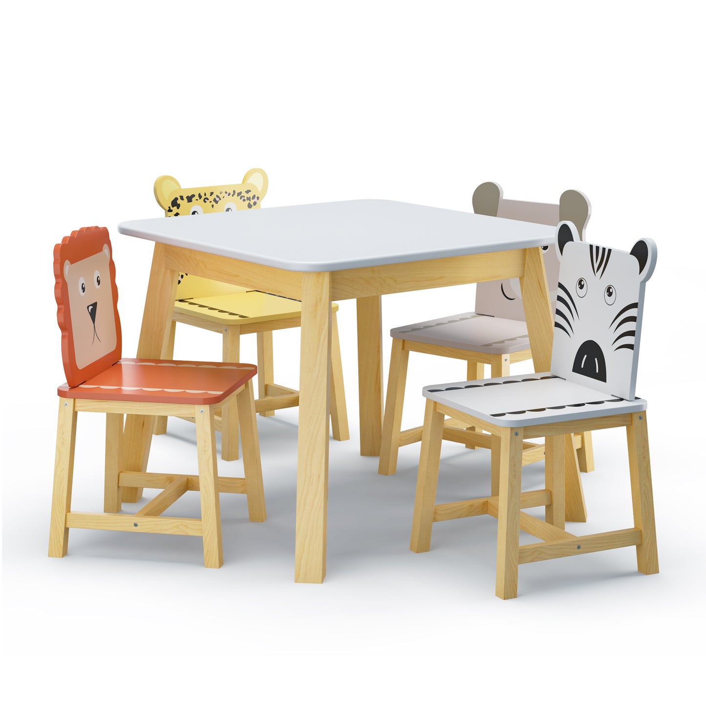 5-teiliges Kindertisch- und Stuhlset, Holztisch für Kinder mit 4 Stühlen, Cartoon-Tiere (größerer Tisch) (3–8 Jahre)