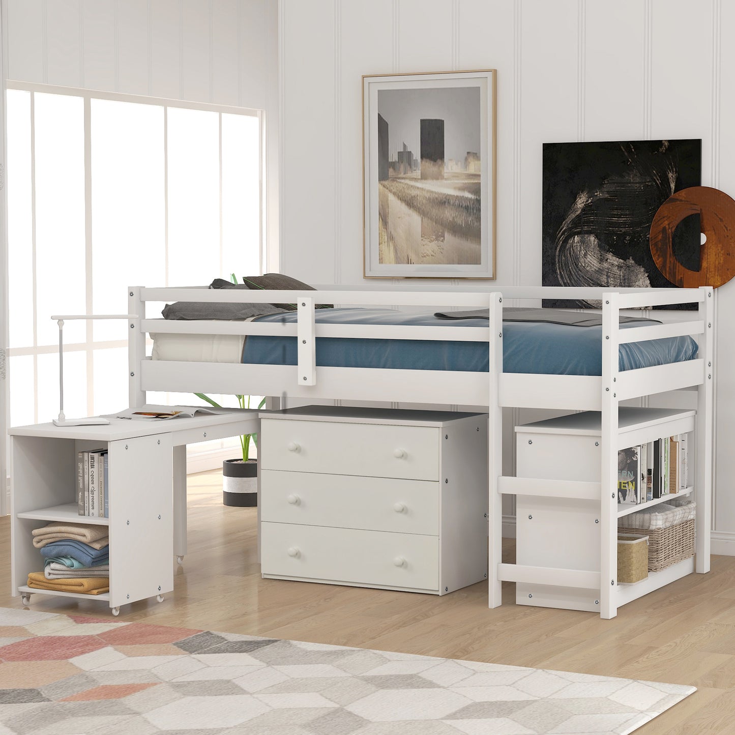 Niedriges Arbeitszimmer-Hochbett für zwei Personen mit Schrank und rollbarem tragbarem Schreibtisch – Weiß (ALTE Artikelnummer: LP000113AAK)