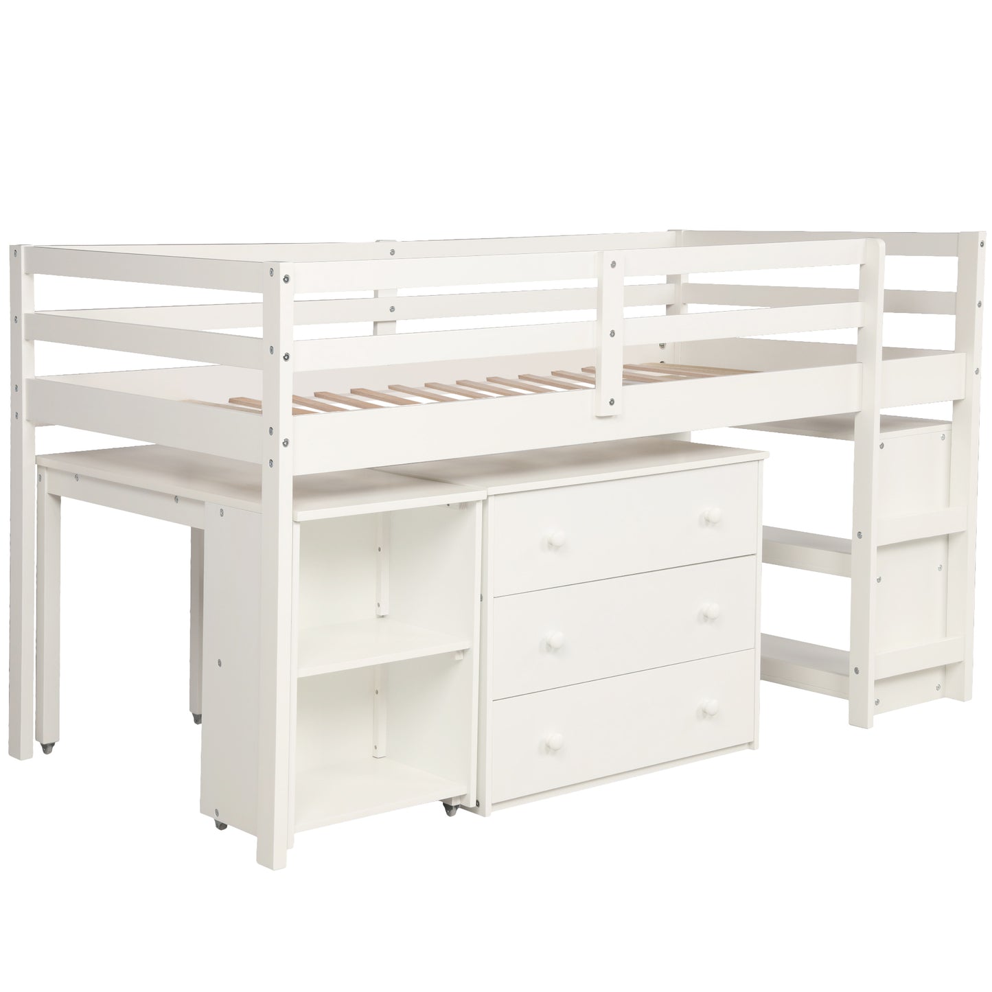 Niedriges Arbeitszimmer-Hochbett für zwei Personen mit Schrank und rollbarem tragbarem Schreibtisch – Weiß (ALTE Artikelnummer: LP000113AAK)