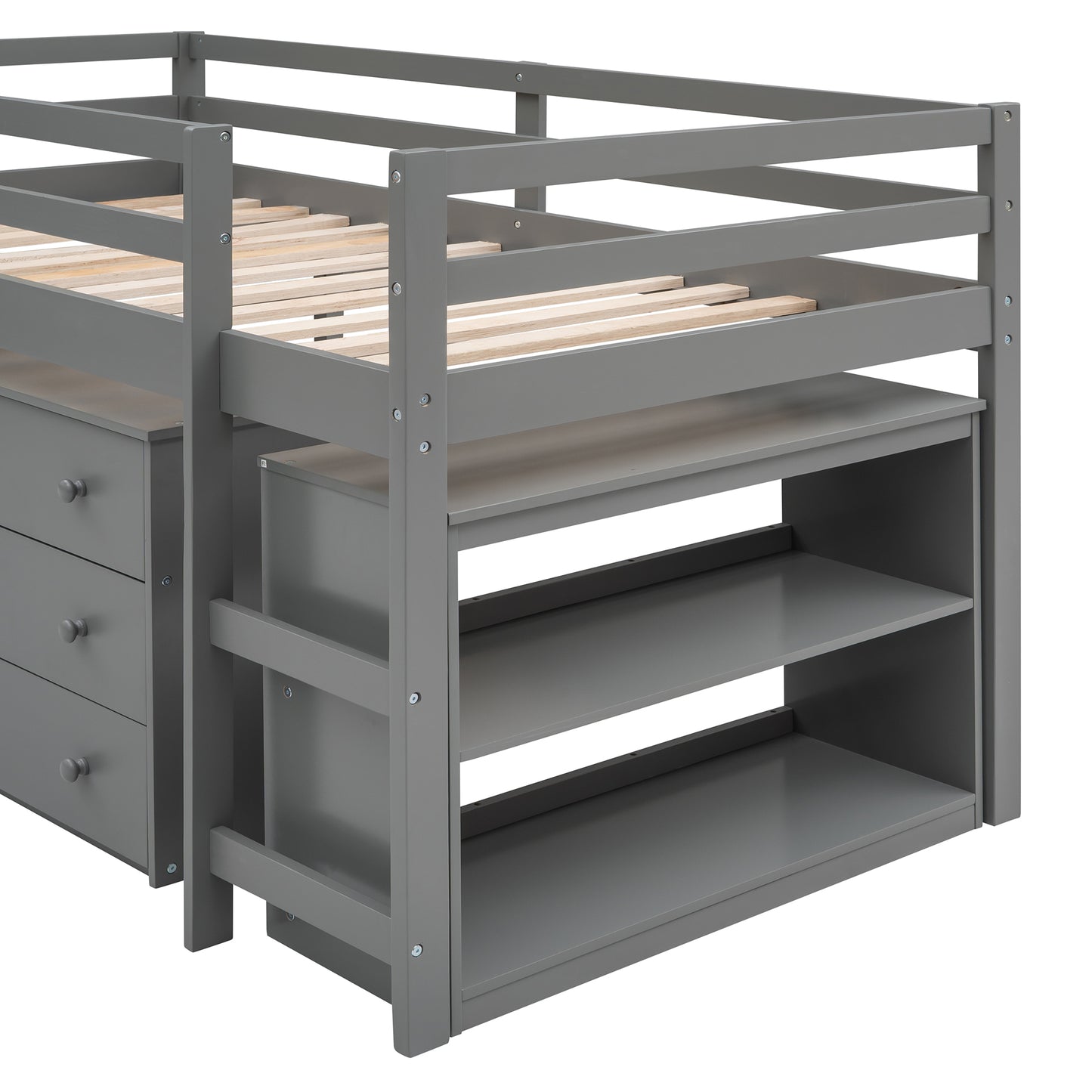 Niedriges Arbeitszimmer-Hochbett für zwei Personen mit Schrank und rollbarem tragbarem Schreibtisch – Grau (ALTE SKU: LP000113AAE)