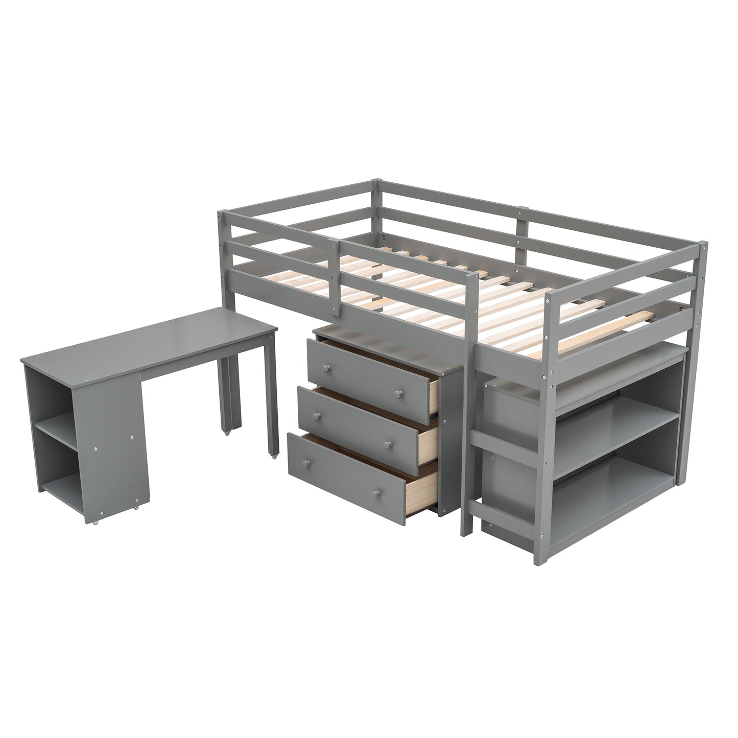 Niedriges Arbeitszimmer-Hochbett für zwei Personen mit Schrank und rollbarem tragbarem Schreibtisch – Grau (ALTE SKU: LP000113AAE)