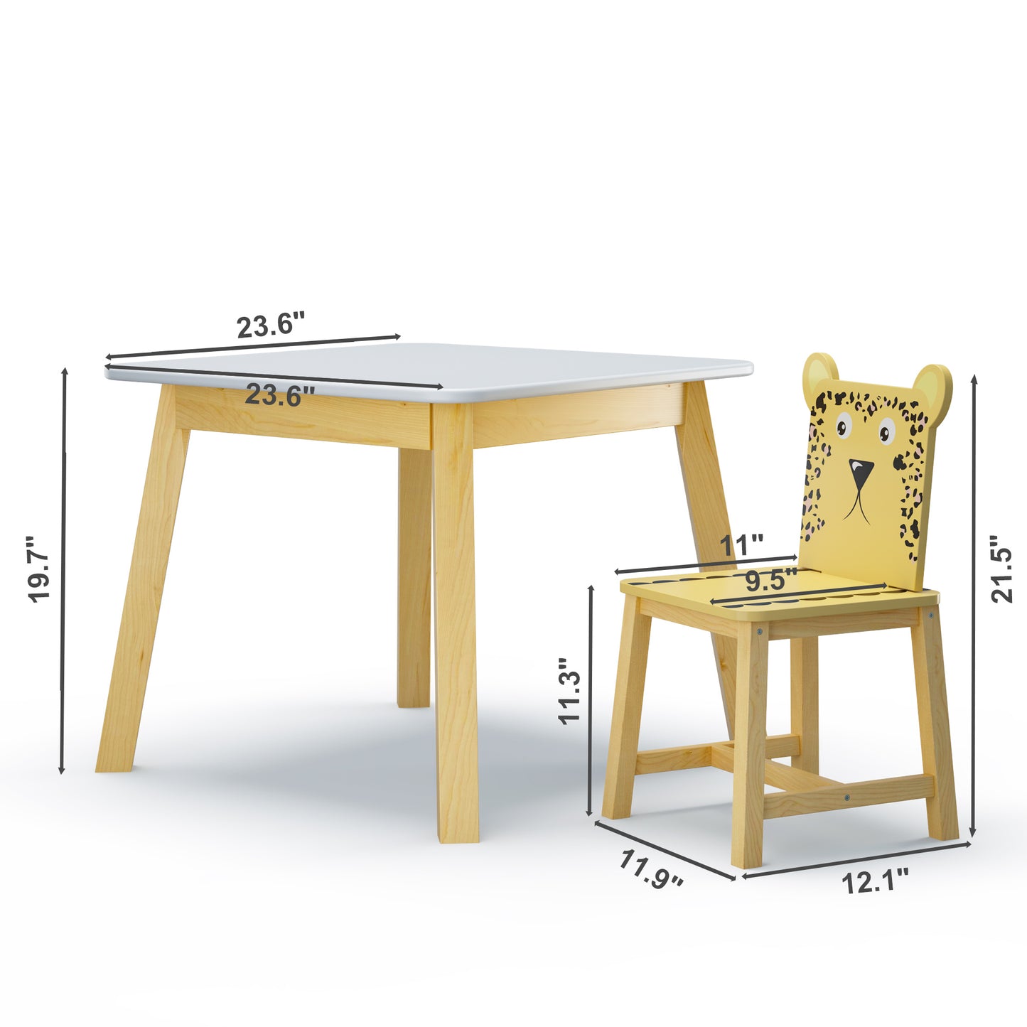 5-teiliges Kindertisch- und Stuhlset, Holztisch für Kinder mit 4 Stühlen, Cartoon-Tiere (größerer Tisch) (3–8 Jahre)