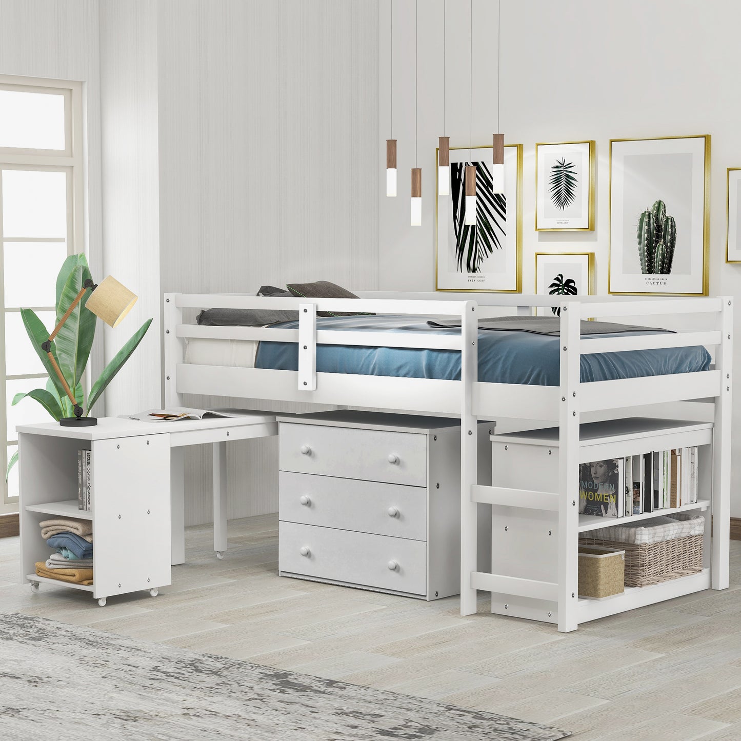 Niedriges Arbeitszimmer-Hochbett für zwei Personen mit Schrank und rollbarem tragbarem Schreibtisch – Weiß (ALTE Artikelnummer: LP000113AAK)