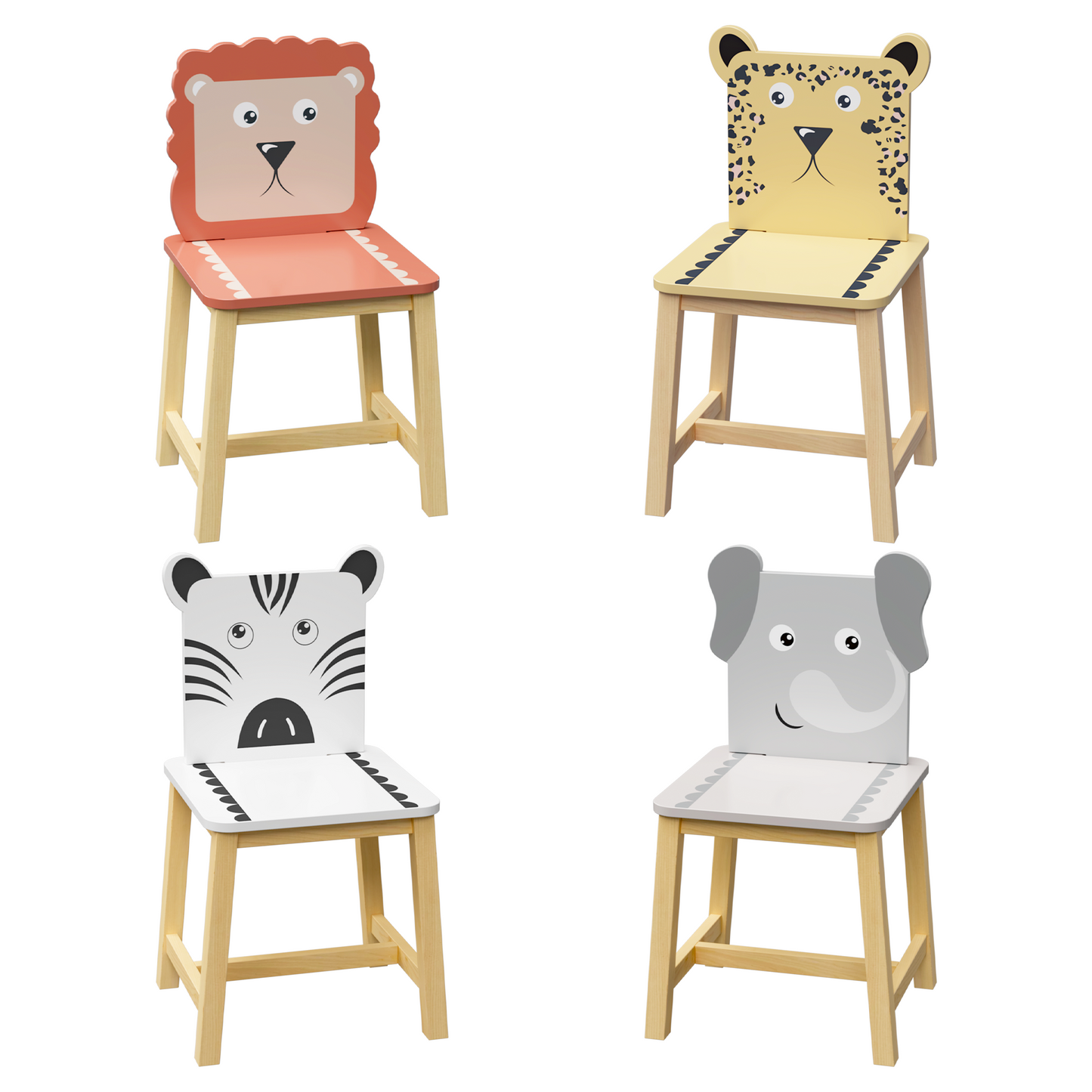 5-teiliges Kindertisch- und Stuhlset, Holztisch für Kinder mit 4 Stühlen, Cartoon-Tiere (größerer Tisch) (3–8 Jahre)