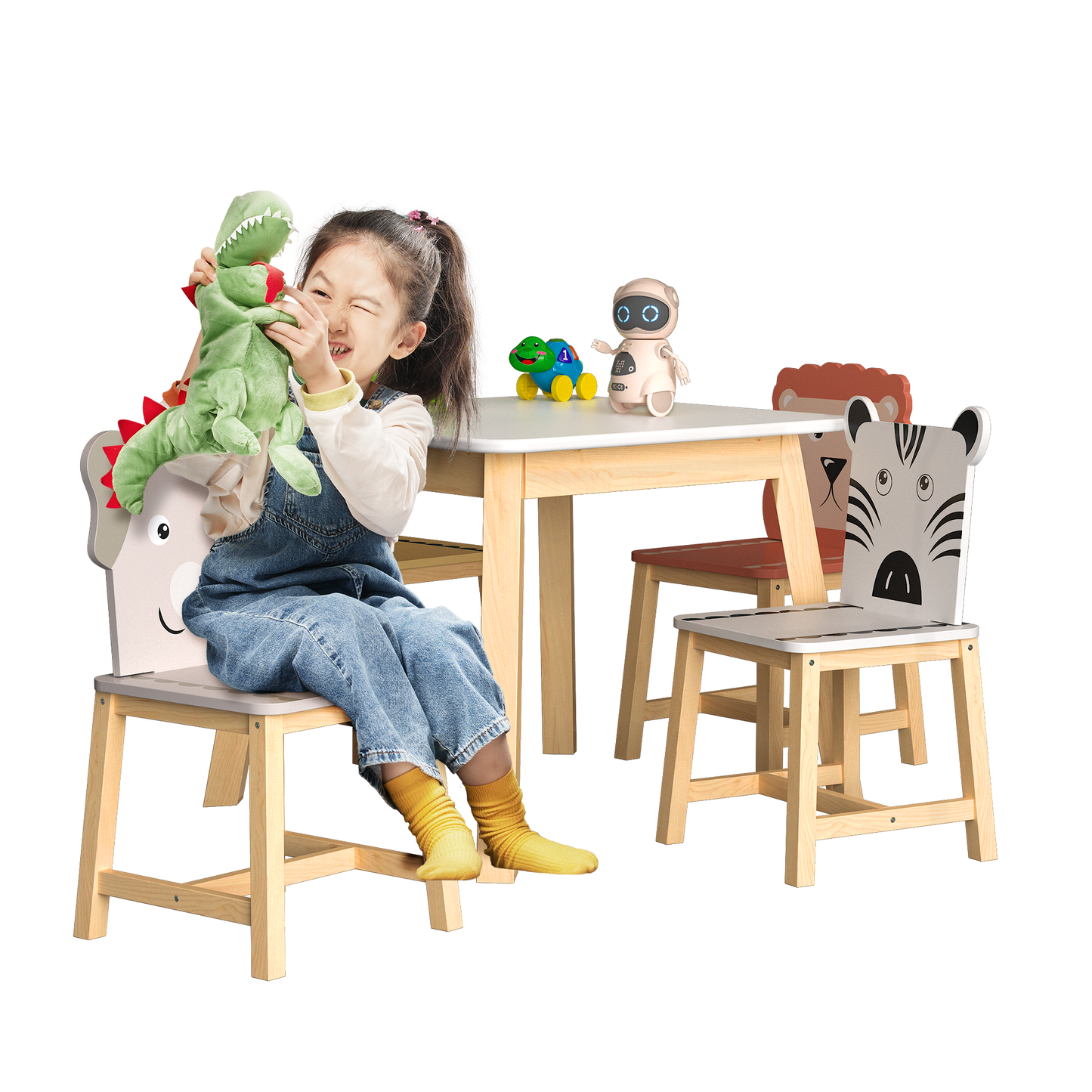 5-teiliges Kindertisch- und Stuhlset, Holztisch für Kinder mit 4 Stühlen, Cartoon-Tiere (größerer Tisch) (3–8 Jahre)
