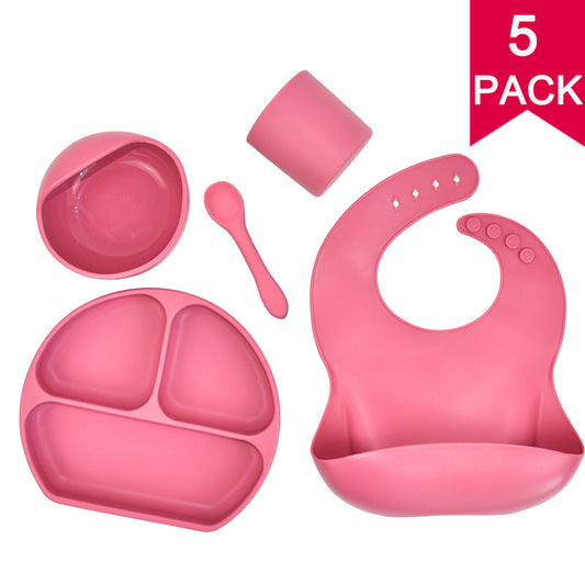 Silikon Kindergeschirr Set Babyfütterung Beikost Geschirr Speicheltasche Saugnapf Schüssel Löffel Essteller Lätzchen 5-tlg 