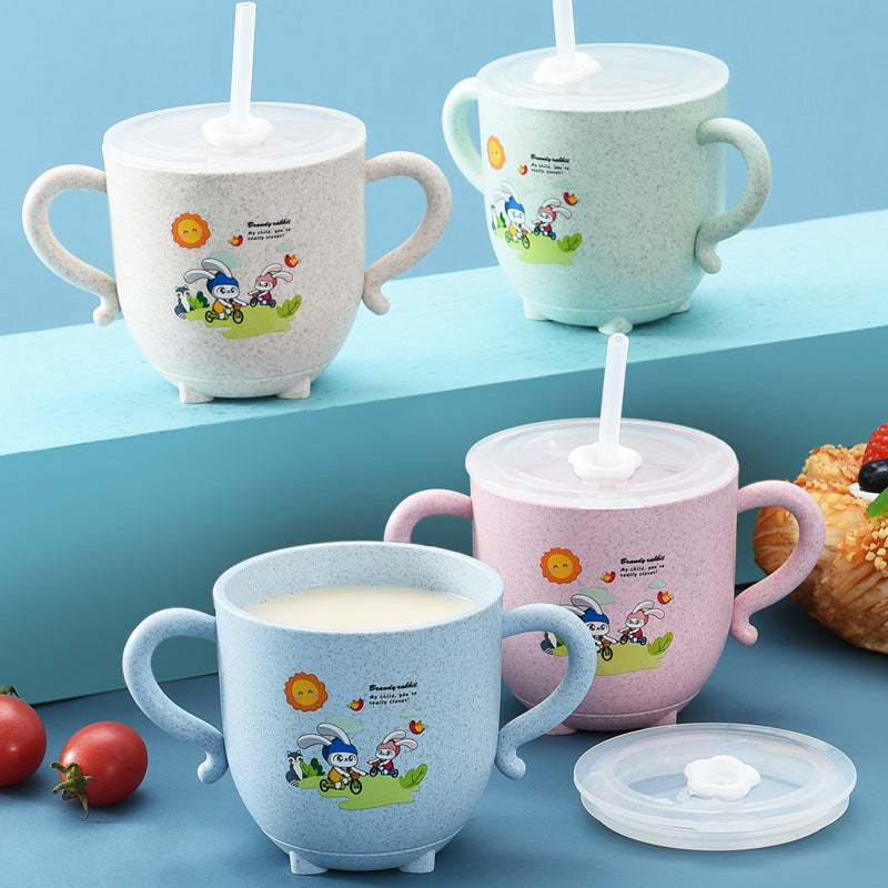 Weizenstroh Kinderstroh Wasserbecher Kinder sturzsicherer Strohbecher Milch Baby Cartoon süßer Kindergarten mit Deckel 
