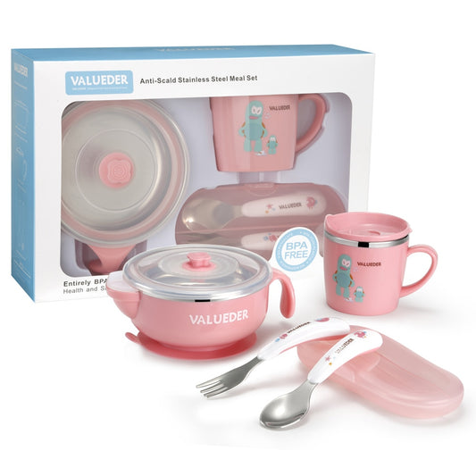 VALUEDER Baby Edelstahl-Fütterungsset mit Baby-Essschüssel, Babylöffel und Babytasse als Geschenkbox