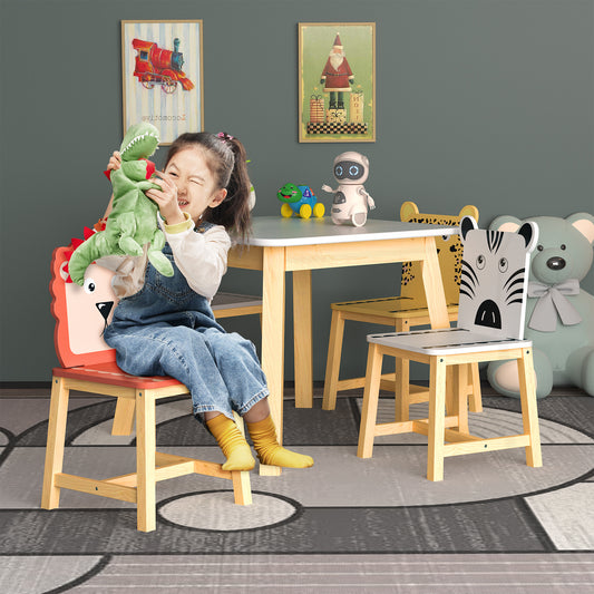 5-teiliges Kindertisch- und Stuhlset, Holztisch für Kinder mit 4 Stühlen, Cartoon-Tiere (größerer Tisch) (3–8 Jahre)