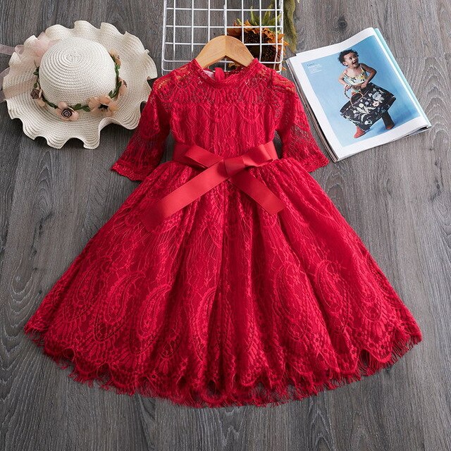 Rote Kinderkleider für Mädchen Blumenspitze Tüllkleid Hochzeit Kleines Mädchen Zeremonie Party Geburtstagskleid Kinder Herbstkleidung