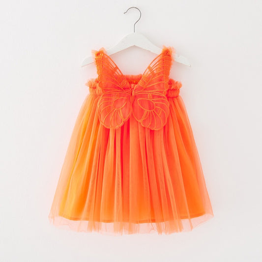 Kinderkleidung Netzkleid mit Hosenträgern Geburtstagskleid Flauschiger Rock Dreidimensionale Engelsflügel