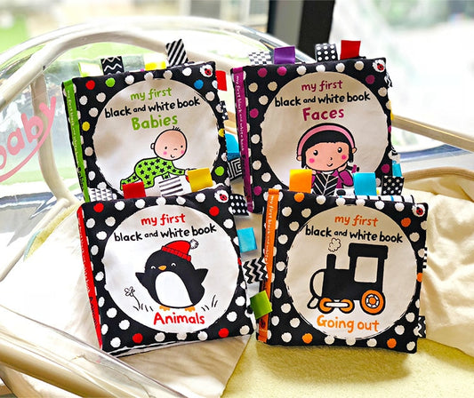 LakaRose Baby Schwarz-Weiß-Label Stoffbuch Neugeborenen Kleinkind Frühe Bildung Bücher Stoff Ruhige Bücher 