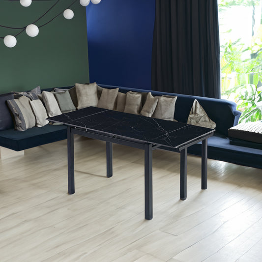 Schwarzer moderner, rechteckiger, ausziehbarer Esstisch aus Keramik für platzsparende Küchen mit kleinem Platzbedarf – Tisch