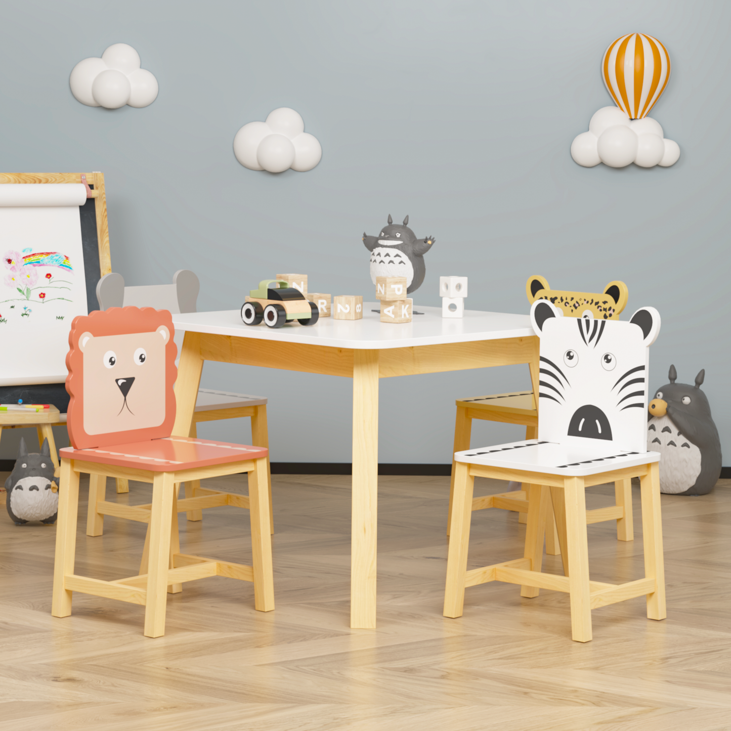 5-teiliges Kindertisch- und Stuhlset, Holztisch für Kinder mit 4 Stühlen, Cartoon-Tiere (größerer Tisch) (3–8 Jahre)