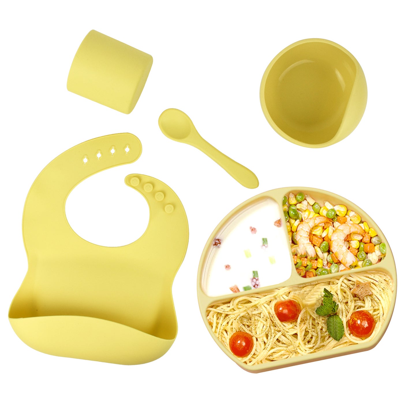Silikon Kindergeschirr Set Babyfütterung Beikost Geschirr Speicheltasche Saugnapf Schüssel Löffel Essteller Lätzchen 5-tlg 