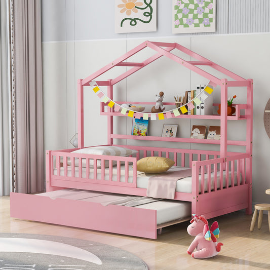 Holz-Hausbett in Doppelbettgröße mit Ausziehbett, Kinderbett mit Regal, Rosa