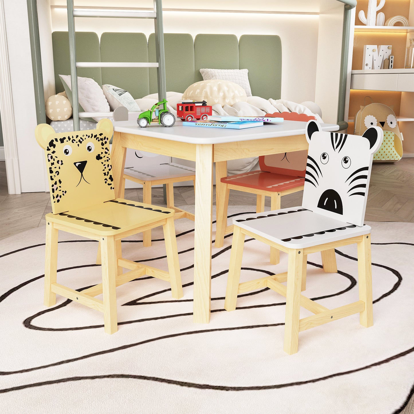 5-teiliges Kindertisch- und Stuhlset, Holztisch für Kinder mit 4 Stühlen, Cartoon-Tiere (größerer Tisch) (3–8 Jahre)