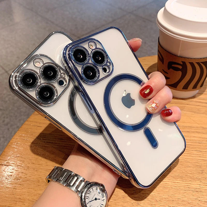 Luxury Plating Clear Magnetic for Magsafe Wireless Charge Case for Iphone 14 13 11 12 Pro Max X XR XS Silicone Transparent Cover