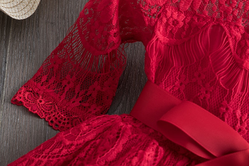 Rote Kinderkleider für Mädchen Blumenspitze Tüllkleid Hochzeit Kleines Mädchen Zeremonie Party Geburtstagskleid Kinder Herbstkleidung