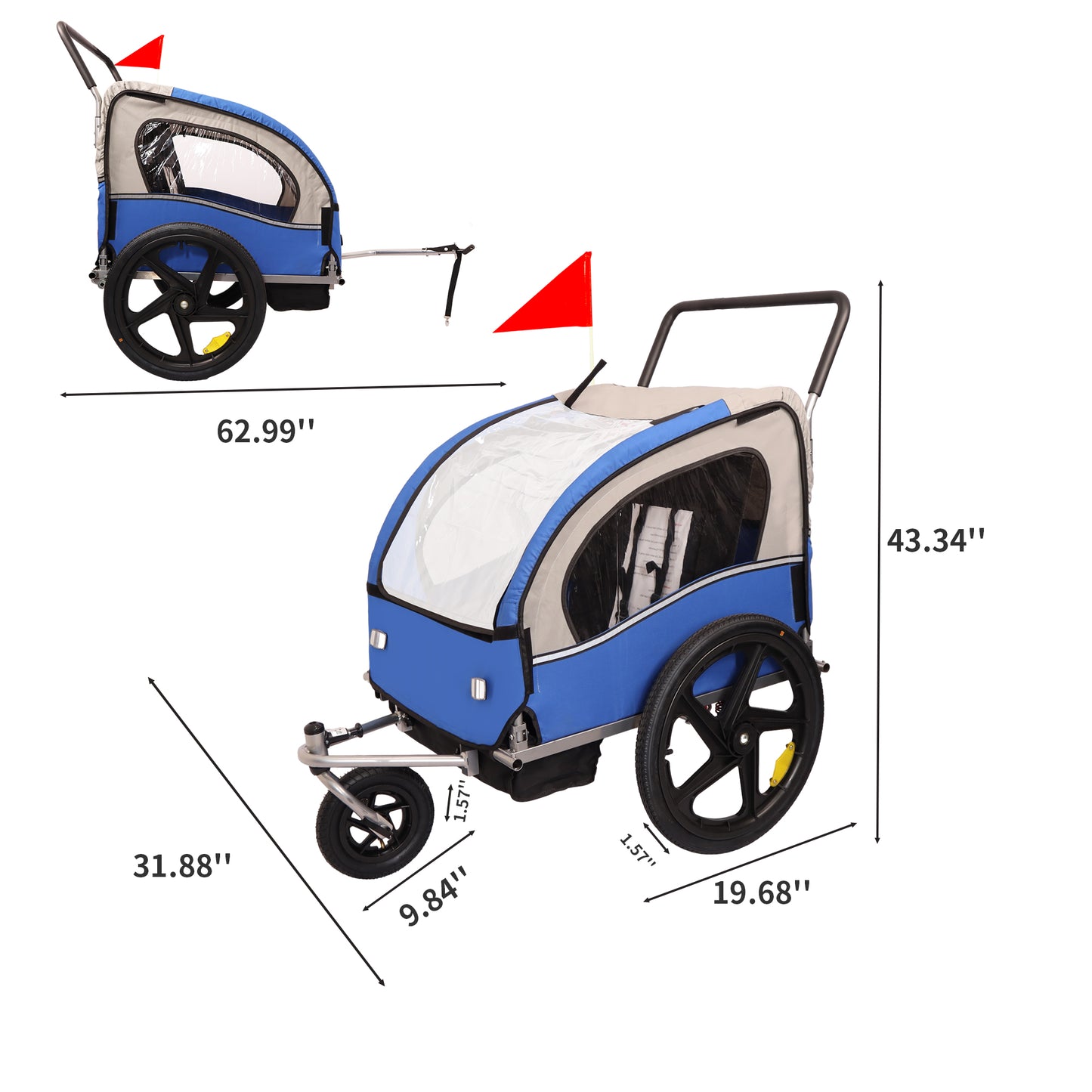 2-in-1 Doppel 2 Sitz Fahrrad Fahrrad Anhänger Jogger Kinderwagen für Kinder