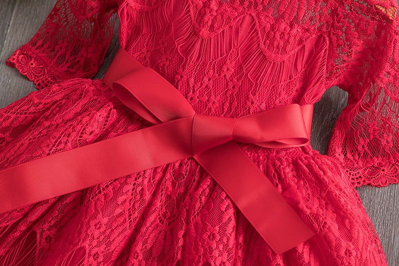 Rote Kinderkleider für Mädchen Blumenspitze Tüllkleid Hochzeit Kleines Mädchen Zeremonie Party Geburtstagskleid Kinder Herbstkleidung