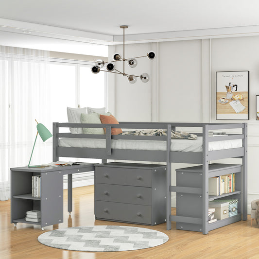 Niedriges Arbeitszimmer-Hochbett für zwei Personen mit Schrank und rollbarem tragbarem Schreibtisch – Grau (ALTE SKU: LP000113AAE)
