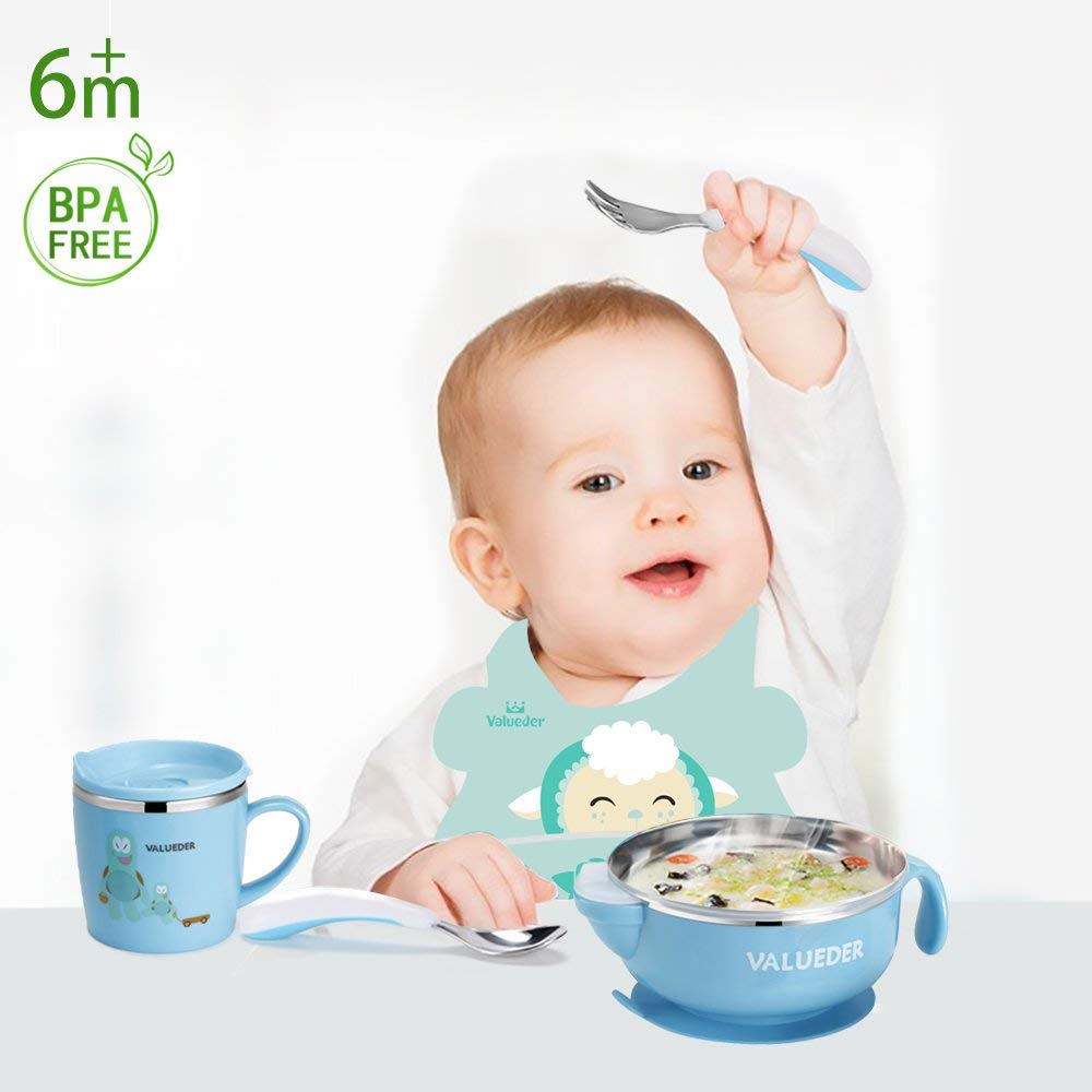 VALUEDER Baby Edelstahl-Fütterungsset mit Baby-Essschüssel, Babylöffel und Babytasse als Geschenkbox