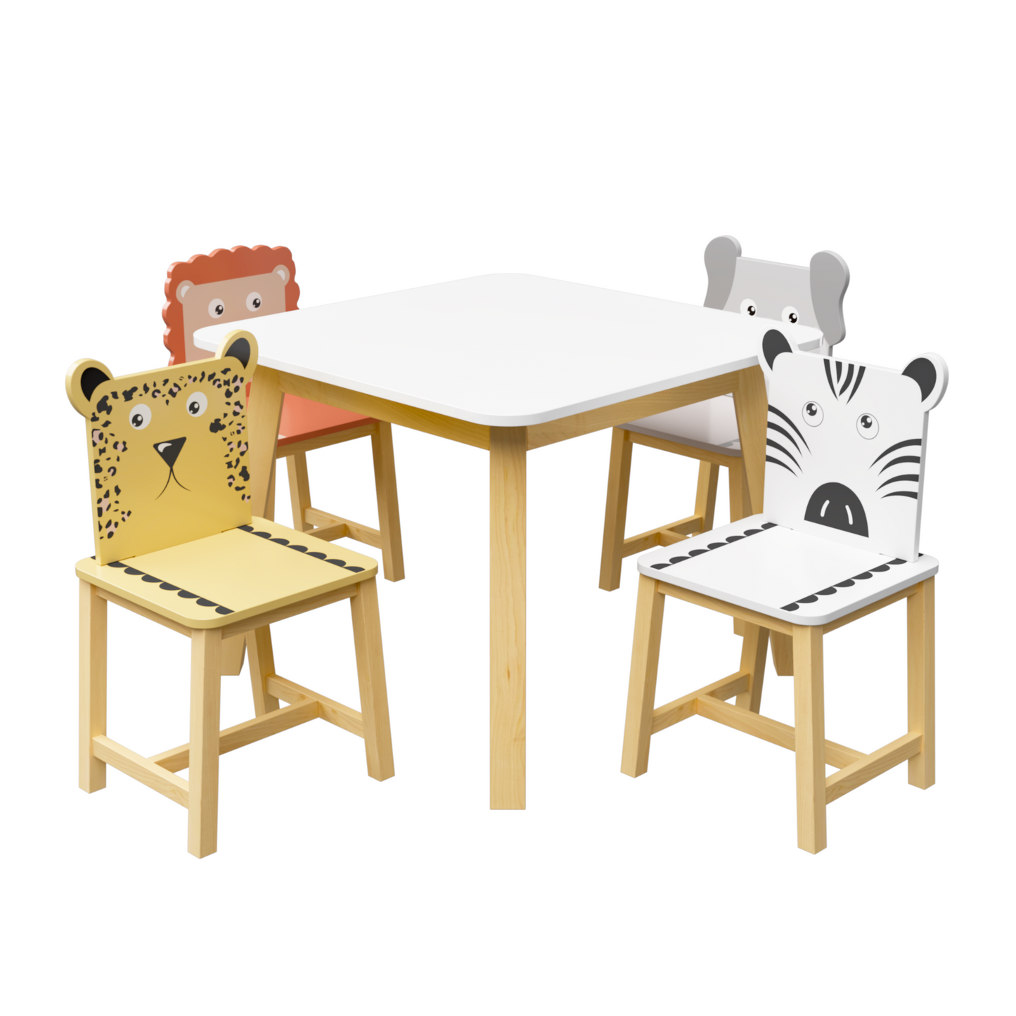 5-teiliges Kindertisch- und Stuhlset, Holztisch für Kinder mit 4 Stühlen, Cartoon-Tiere (größerer Tisch) (3–8 Jahre)