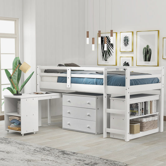 Niedriges Arbeitszimmer-Hochbett für zwei Personen mit Schrank und rollbarem tragbarem Schreibtisch – Weiß (ALTE Artikelnummer: LP000113AAK)